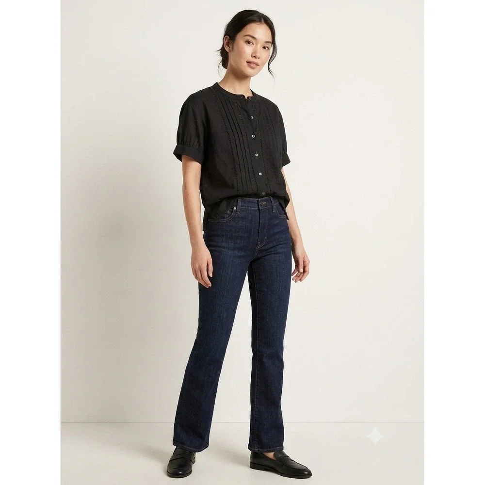 Banana Republic Black Pleated Voile Blouse Short Puff Sleeve XXS Pintuck Cotton